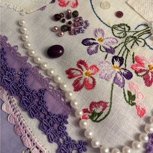 Hand Slow Stitch Purple 50+ Upcycled Fabric Lace Button Junk‎ Journal Kit VTG